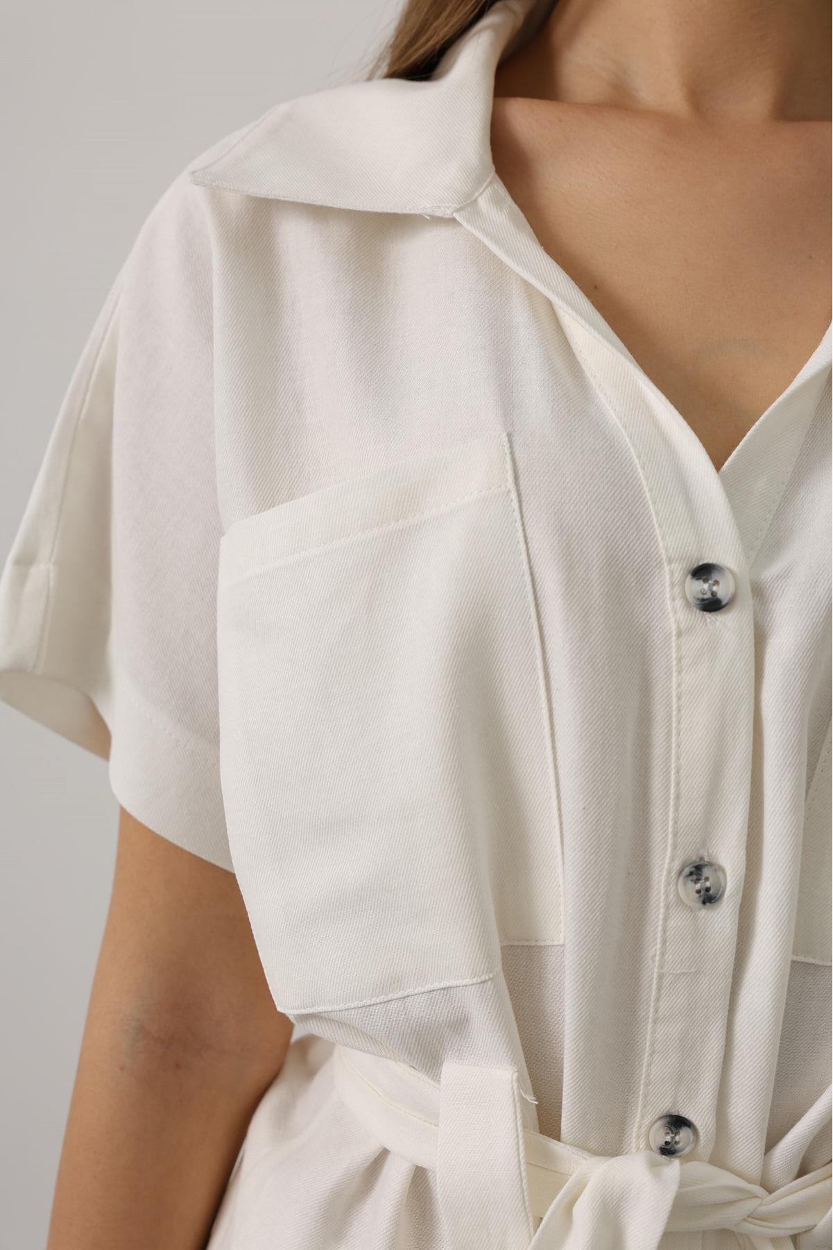 Kuşaklı Cep Detaylı Pantolon Takım - Beyaz