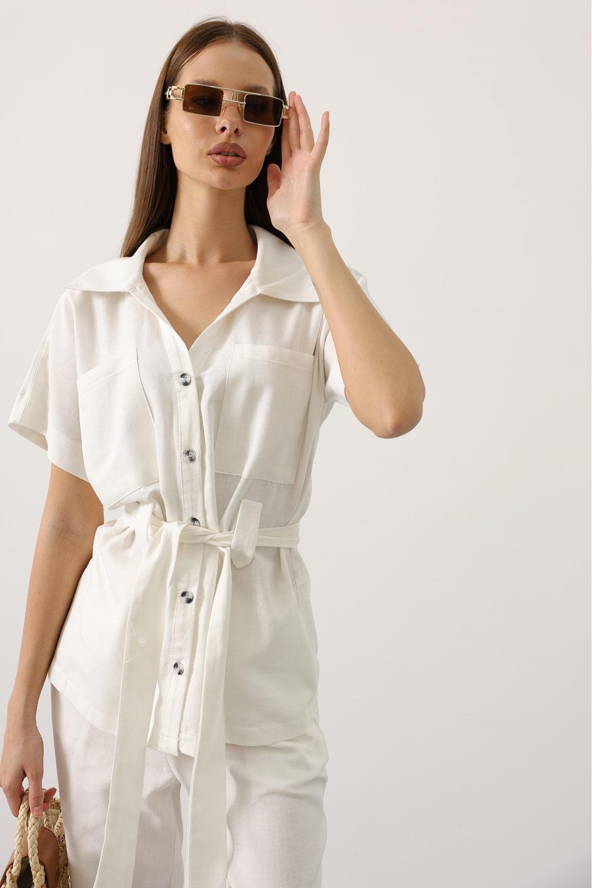 Kuşaklı Cep Detaylı Pantolon Takım - Beyaz