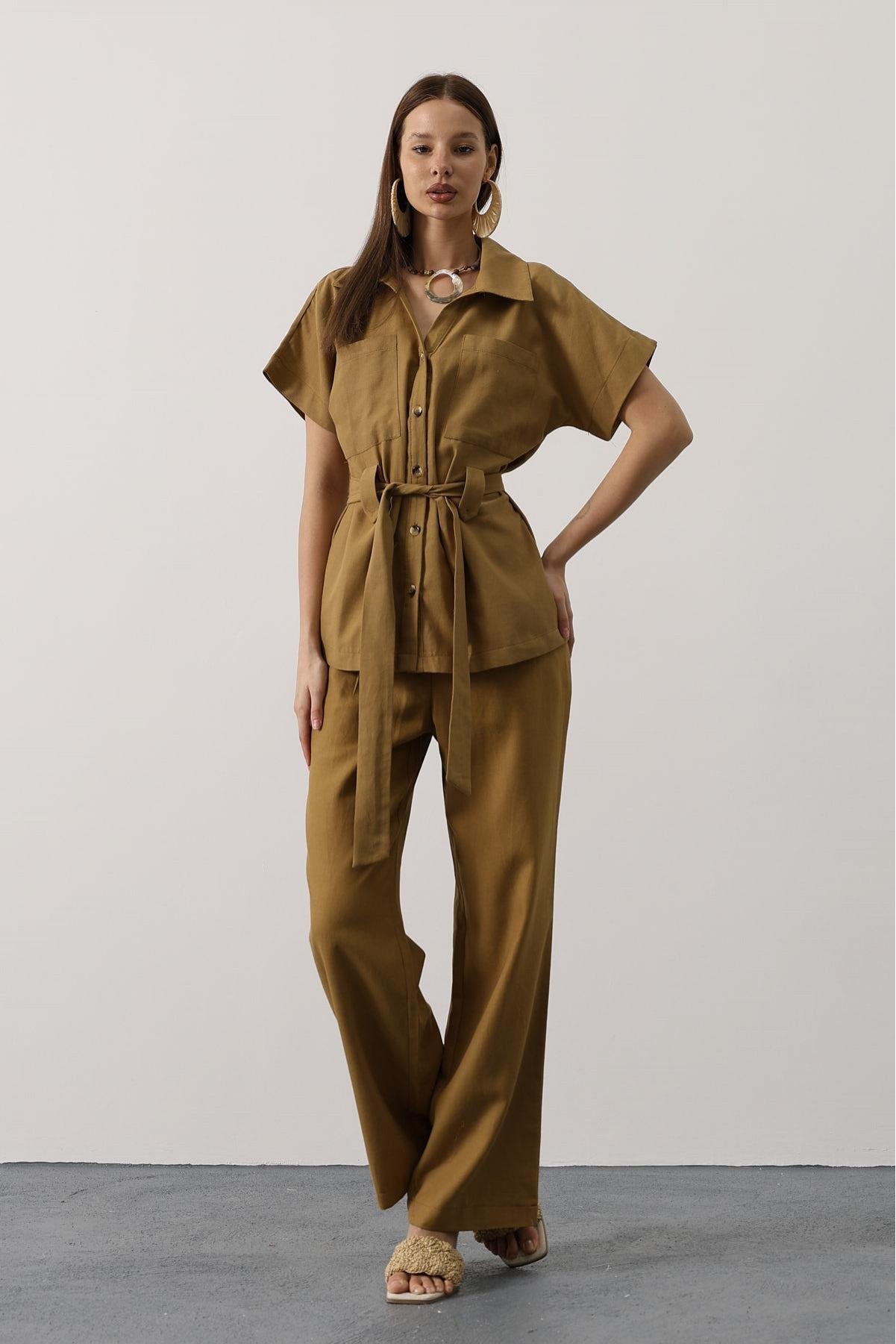 Kuşaklı Cep Detaylı Pantolon Takım - Yağ Yeşili