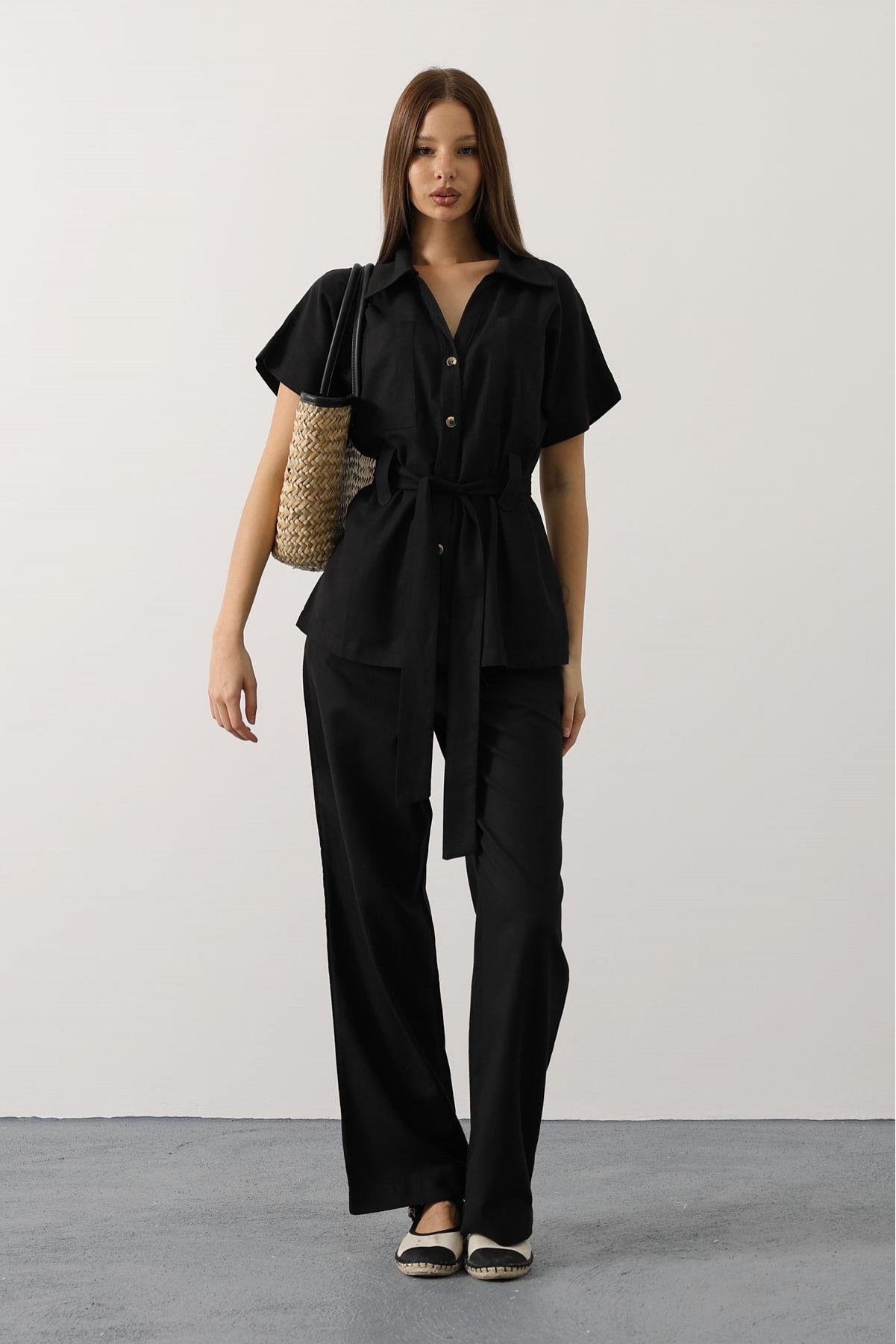 Kuşaklı Cep Detaylı Pantolon Takım - Siyah