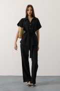 Kuşaklı Cep Detaylı Pantolon Takım - Siyah