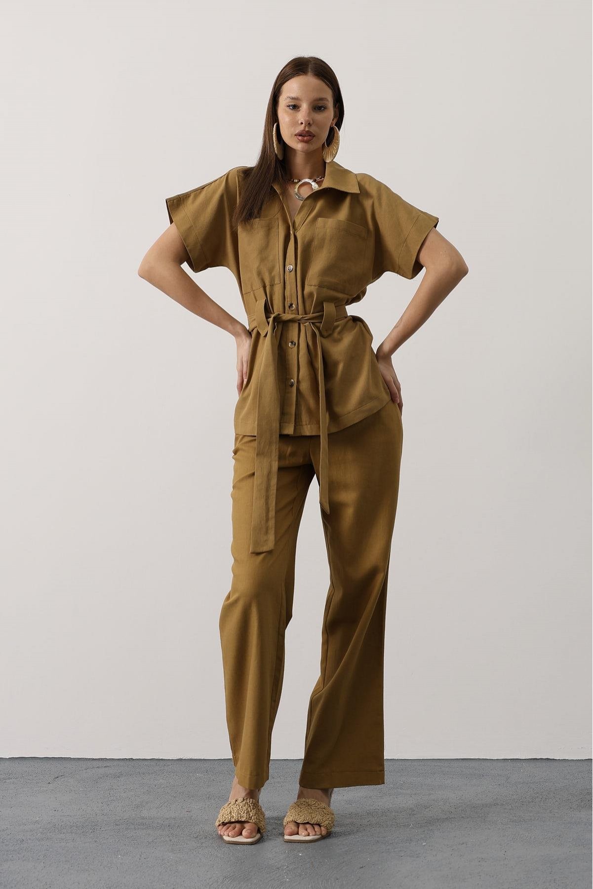 Kuşaklı Cep Detaylı Pantolon Takım - Yağ Yeşili