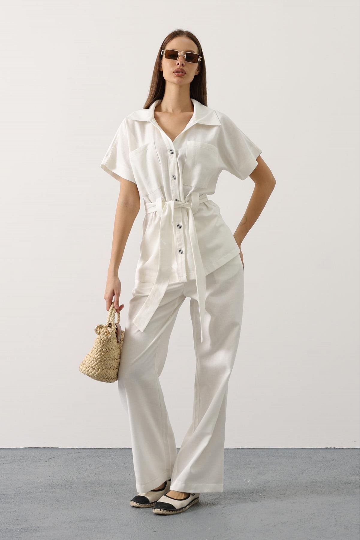 Kuşaklı Cep Detaylı Pantolon Takım - Beyaz