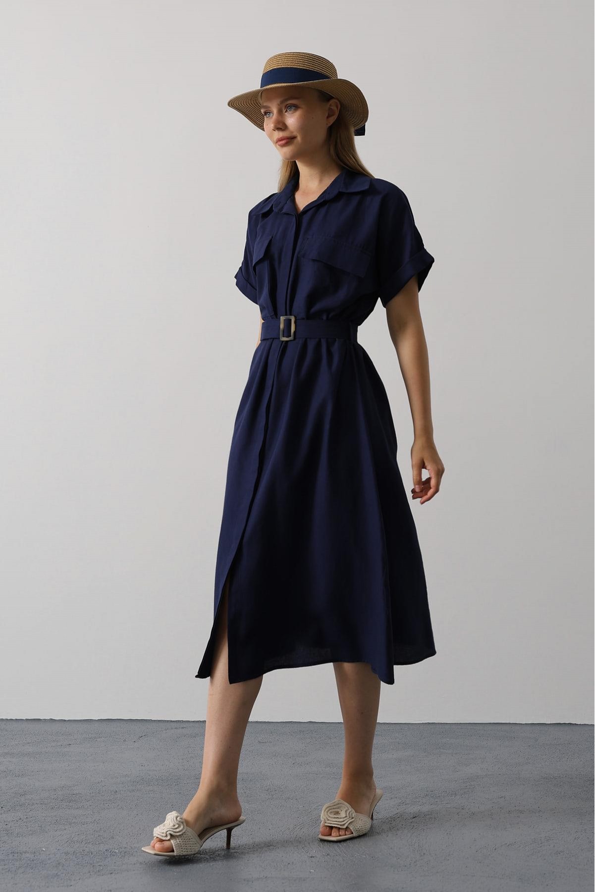 Kuşaklı Cep Detaylı Yarım Kol Elbise - Lacivert