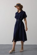 Kuşaklı Cep Detaylı Yarım Kol Elbise - Lacivert