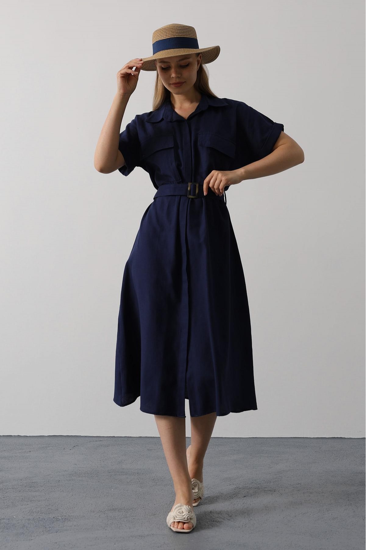 Kuşaklı Cep Detaylı Yarım Kol Elbise - Lacivert