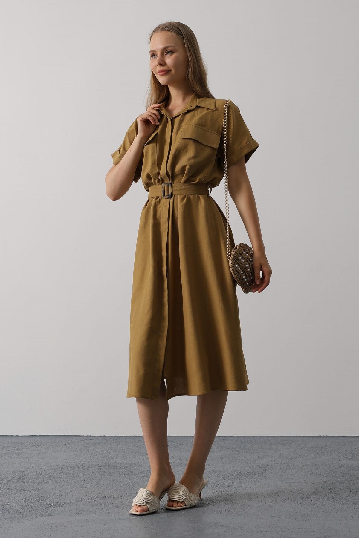 Kuşaklı Cep Detaylı Yarım Kol Elbise - Yağ Yeşili