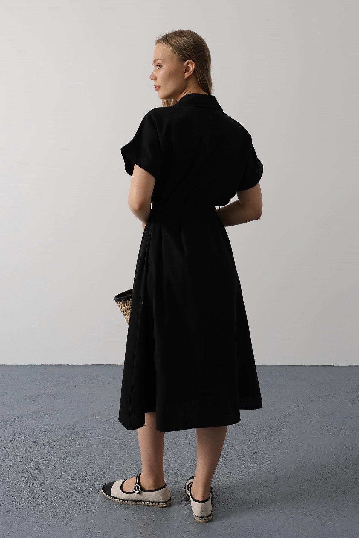 Kuşaklı Cep Detaylı Yarım Kol Elbise - Siyah