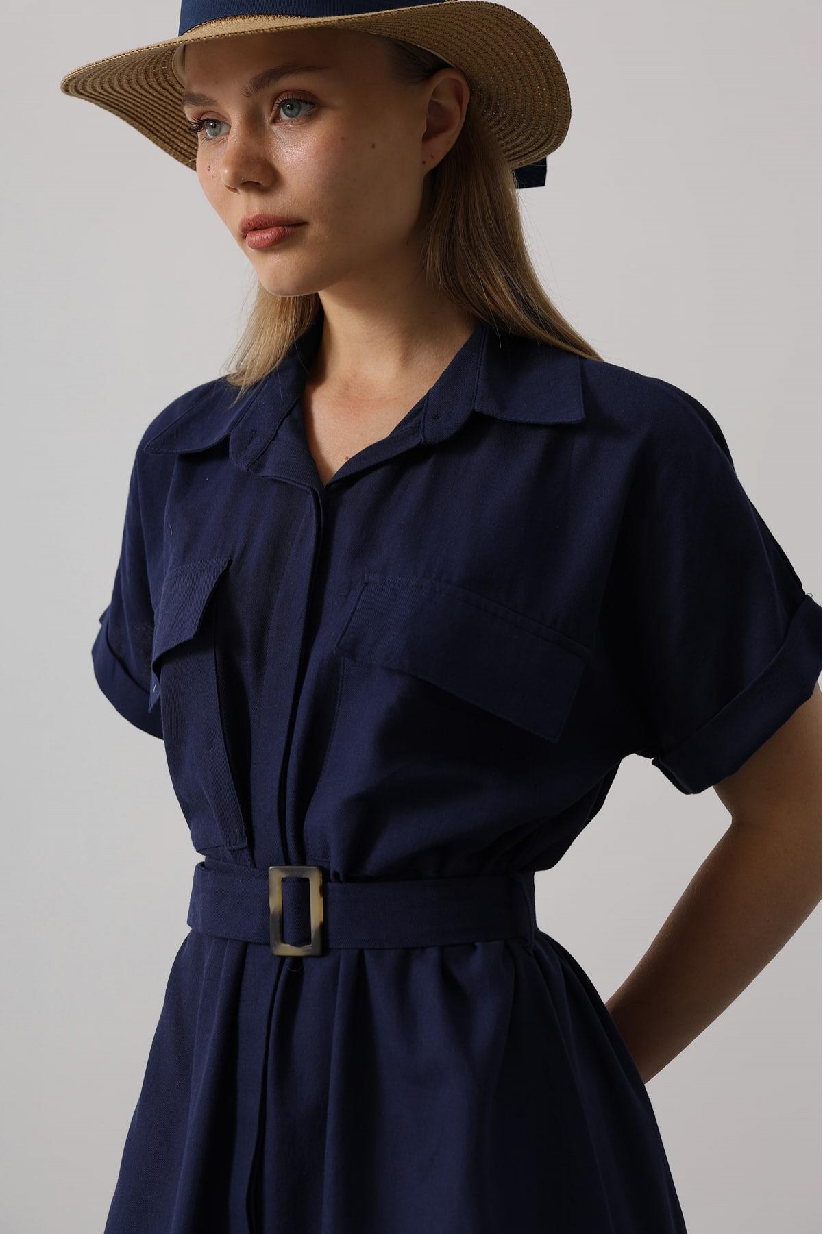 Kuşaklı Cep Detaylı Yarım Kol Elbise - Lacivert