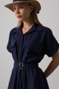 Kuşaklı Cep Detaylı Yarım Kol Elbise - Lacivert