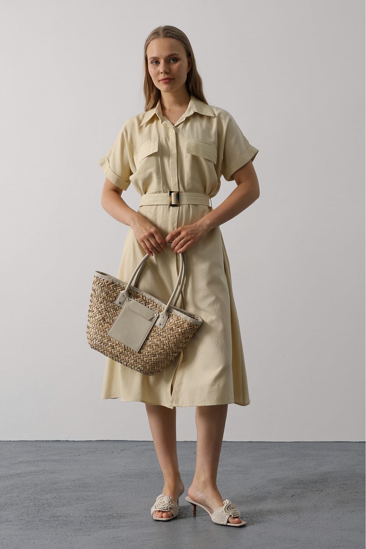 Kuşaklı Cep Detaylı Yarım Kol Elbise - Ekru