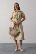 Kuşaklı Cep Detaylı Yarım Kol Elbise - Ekru