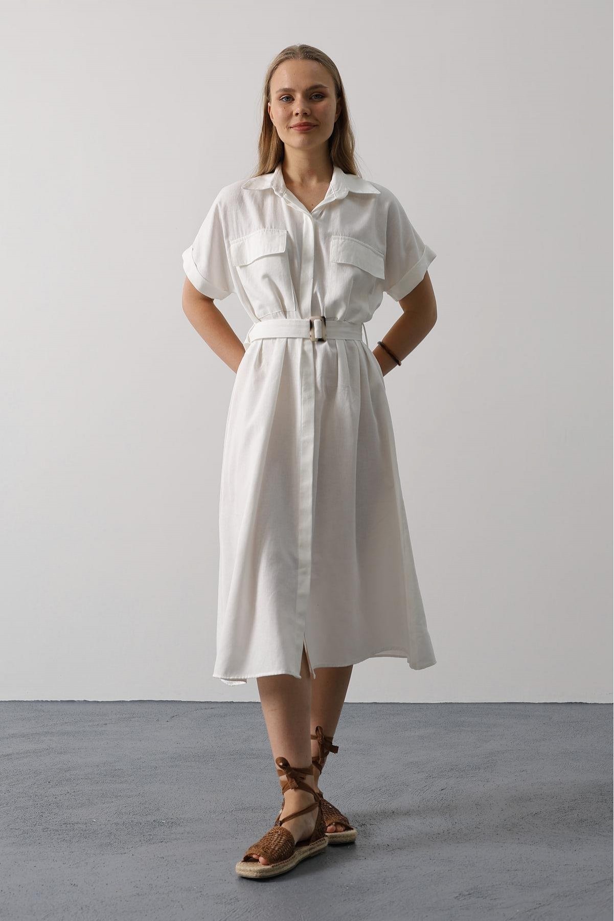 Kuşaklı Cep Detaylı Yarım Kol Elbise - Beyaz