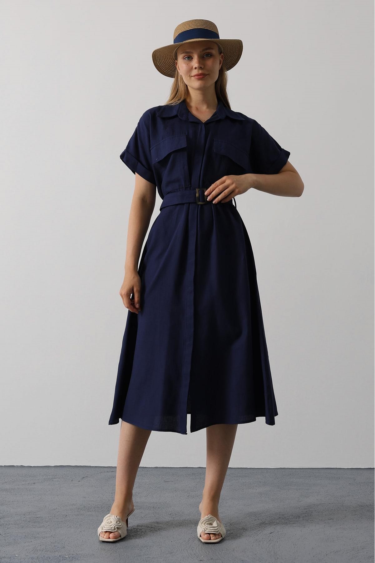 Kuşaklı Cep Detaylı Yarım Kol Elbise - Lacivert