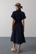 Kuşaklı Cep Detaylı Yarım Kol Elbise - Lacivert