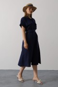 Kuşaklı Cep Detaylı Yarım Kol Elbise - Lacivert