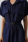 Kuşaklı Cep Detaylı Yarım Kol Elbise - Lacivert