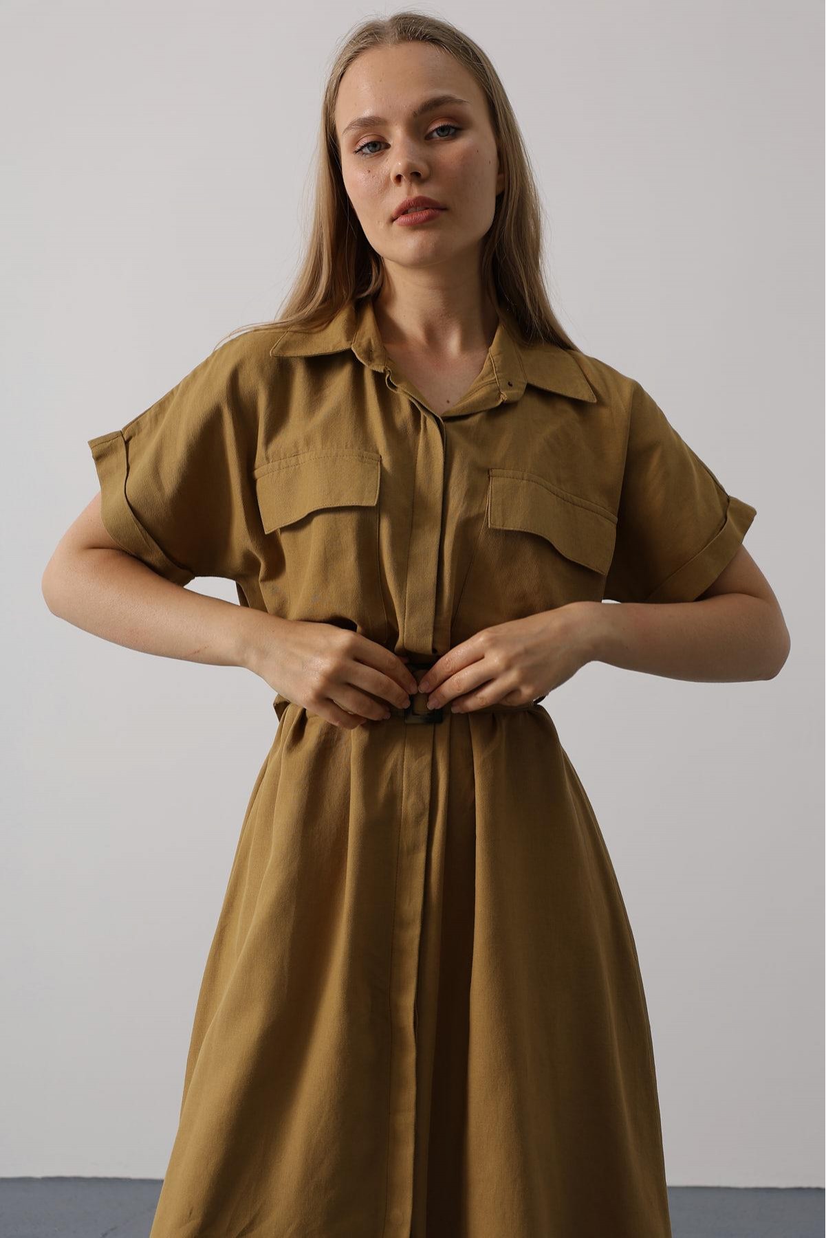 Kuşaklı Cep Detaylı Yarım Kol Elbise - Yağ Yeşili