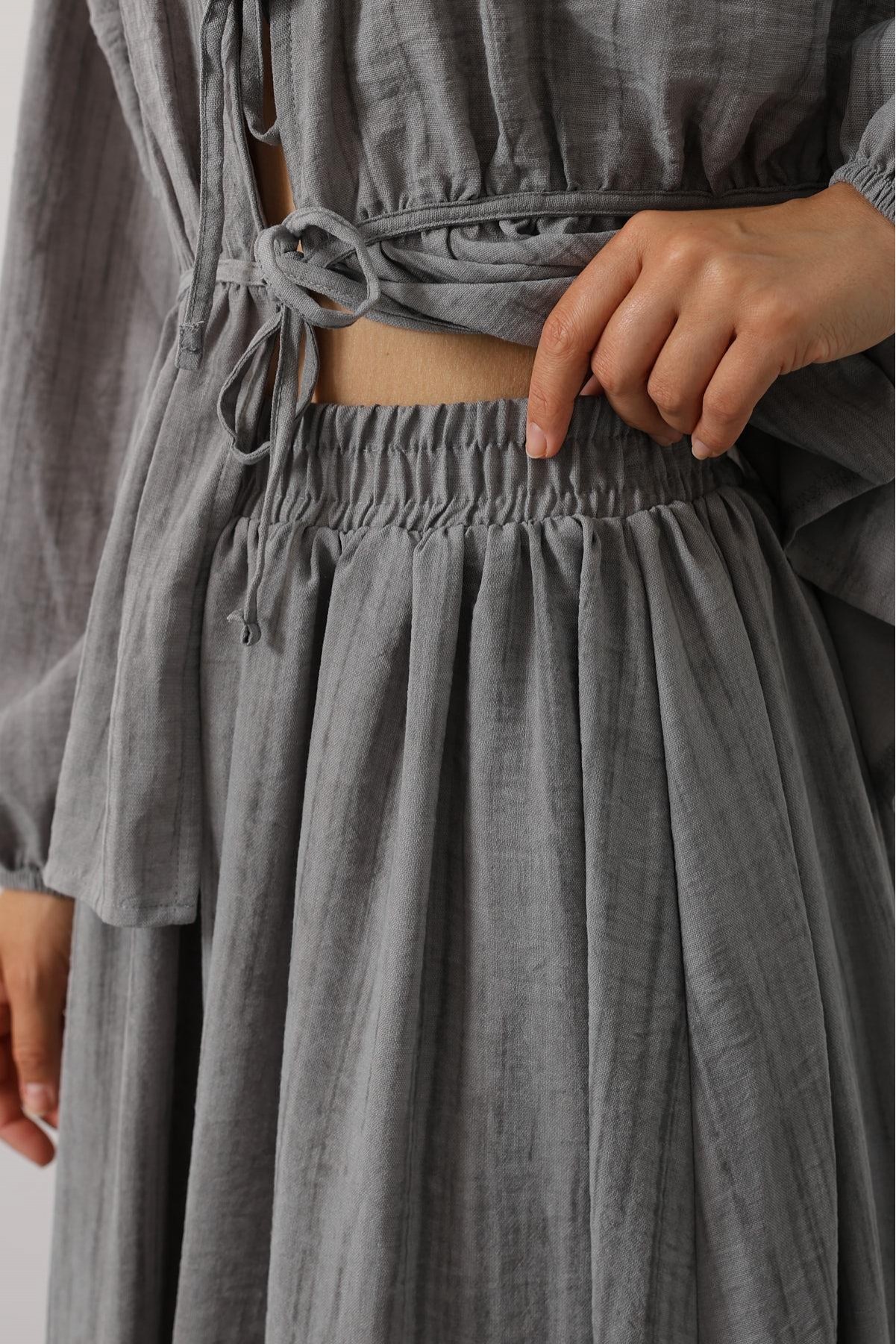 Önü Bağlamalı Etekli Takım - Gri