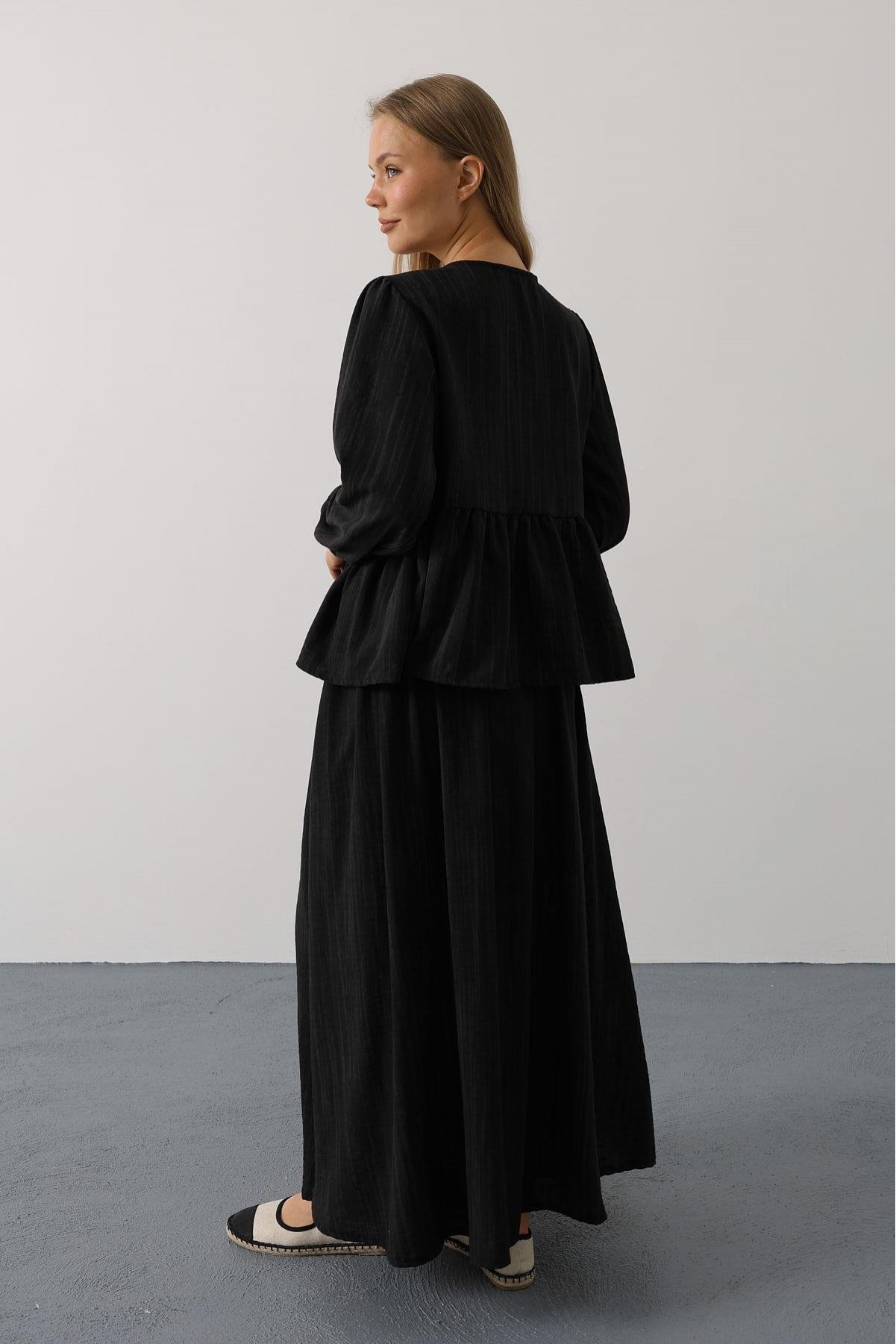 Önü Bağlamalı Etekli Takım - Siyah