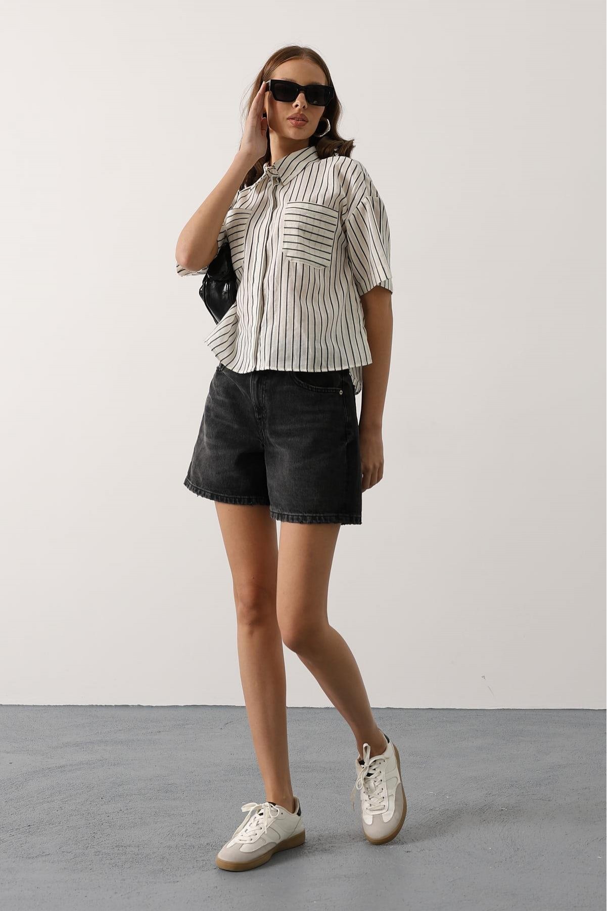 Simli Çizgili Kısa Kol Gömlek - Siyah