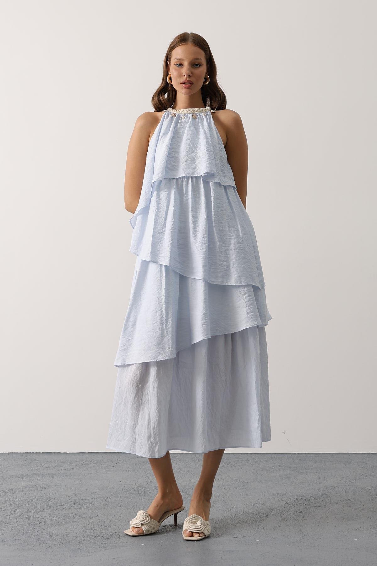 Yaka Detaylı Kat Kat Elbise - Bebe Mavisi