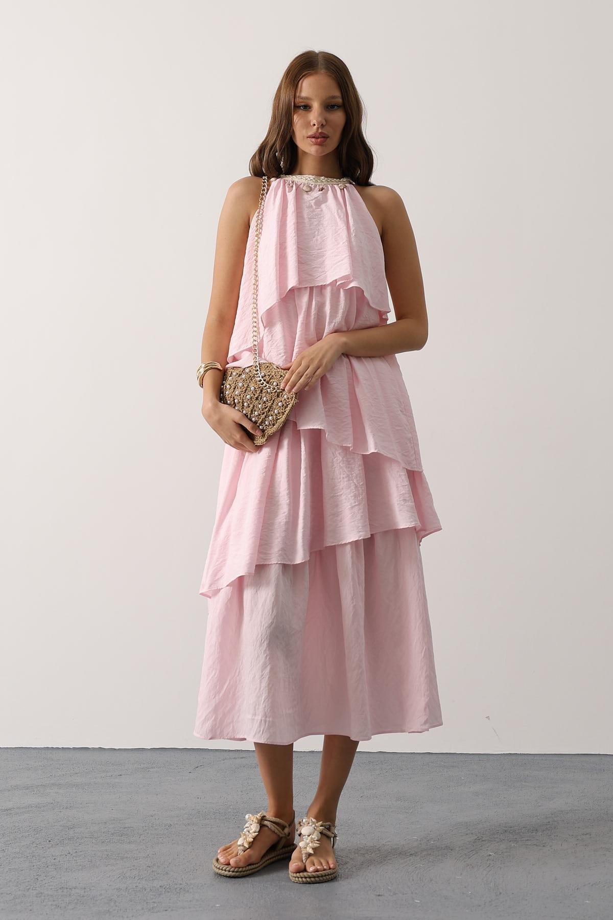 Yaka Detaylı Kat Kat Elbise - Pembe