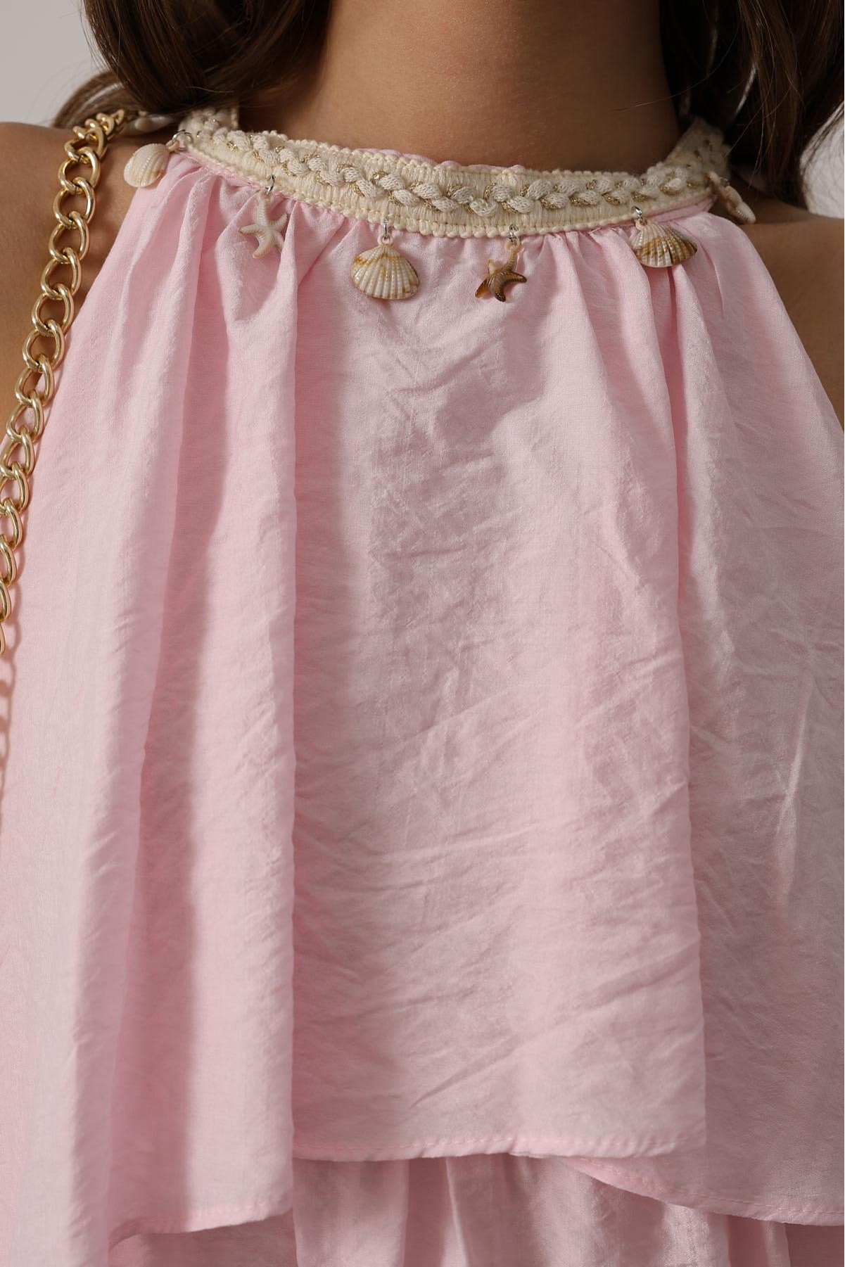 Yaka Detaylı Kat Kat Elbise - Pembe