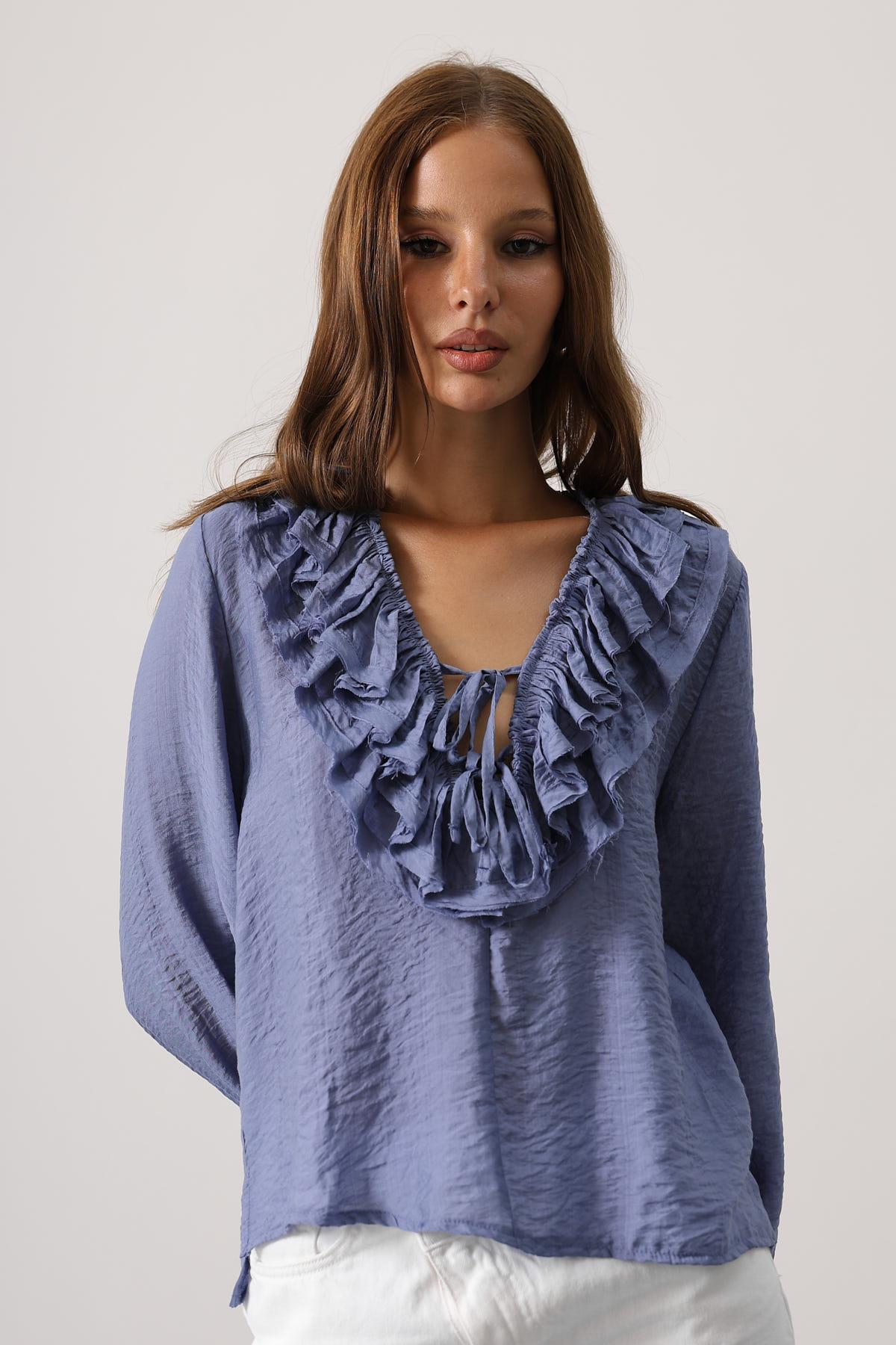 Yakası Fırfırlı Uzun Kol Bluz - İndigo