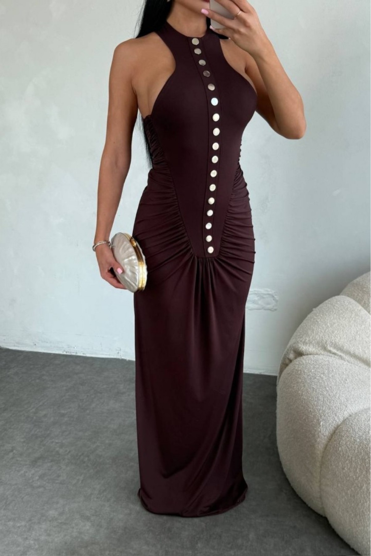 Metal düğme detaylı drapeli maxi elbise