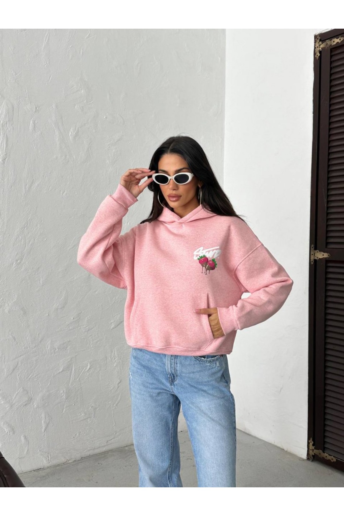 Çilek Baskılı Oversize Kapüşonlu Sweatshirt