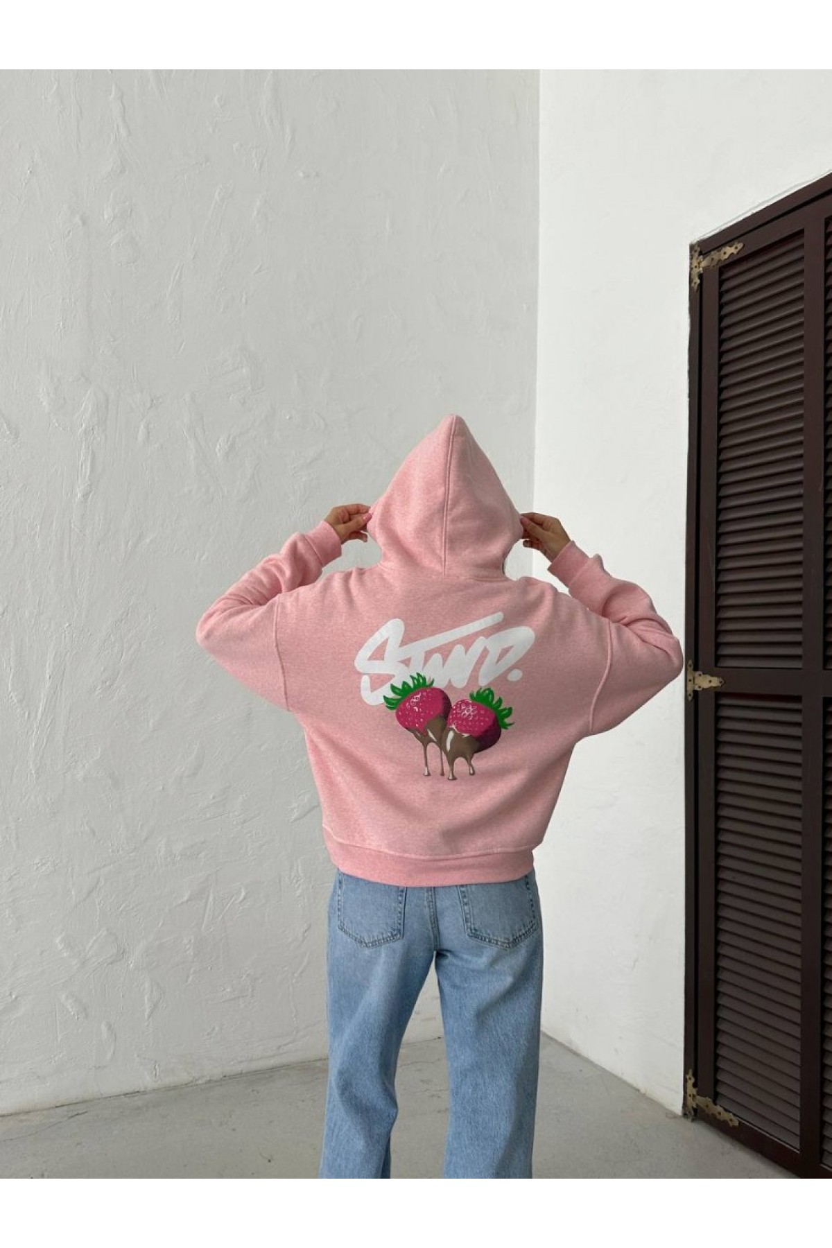 Çilek Baskılı Oversize Kapüşonlu Sweatshirt