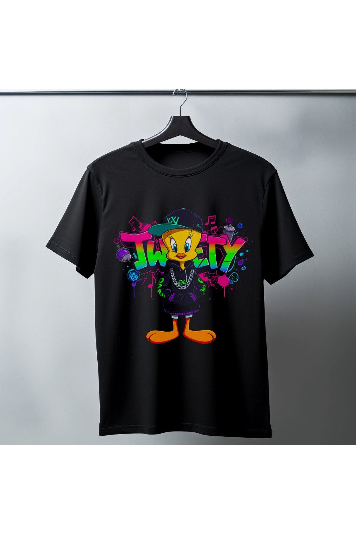 Tweety Graffiti Baskılı Unisex Siyah Oversize Tişört - 24/1 Penye