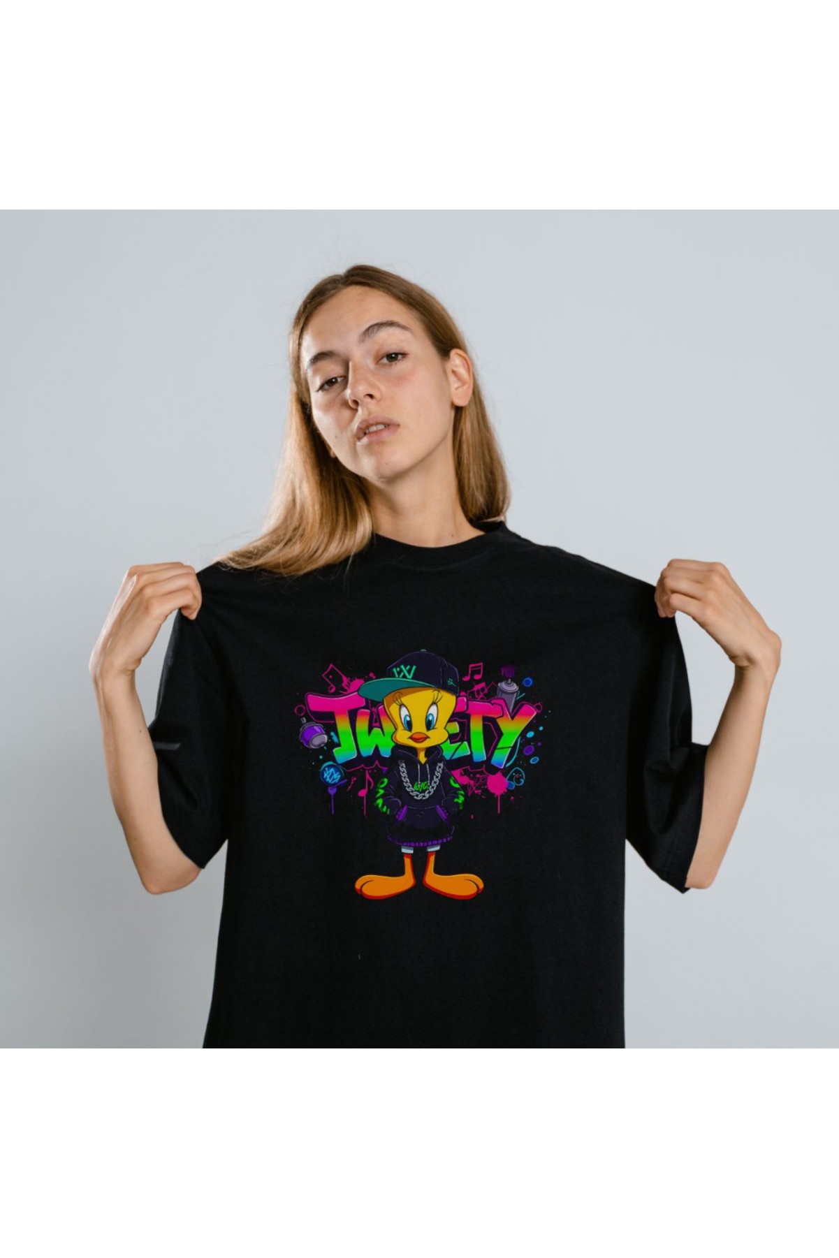 Tweety Graffiti Baskılı Unisex Siyah Oversize Tişört - 24/1 Penye