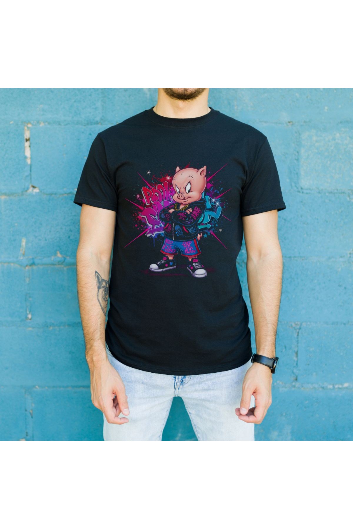 Porky Pig Graffiti Baskılı Unisex Siyah Oversize Tişört - 24/1 Penye