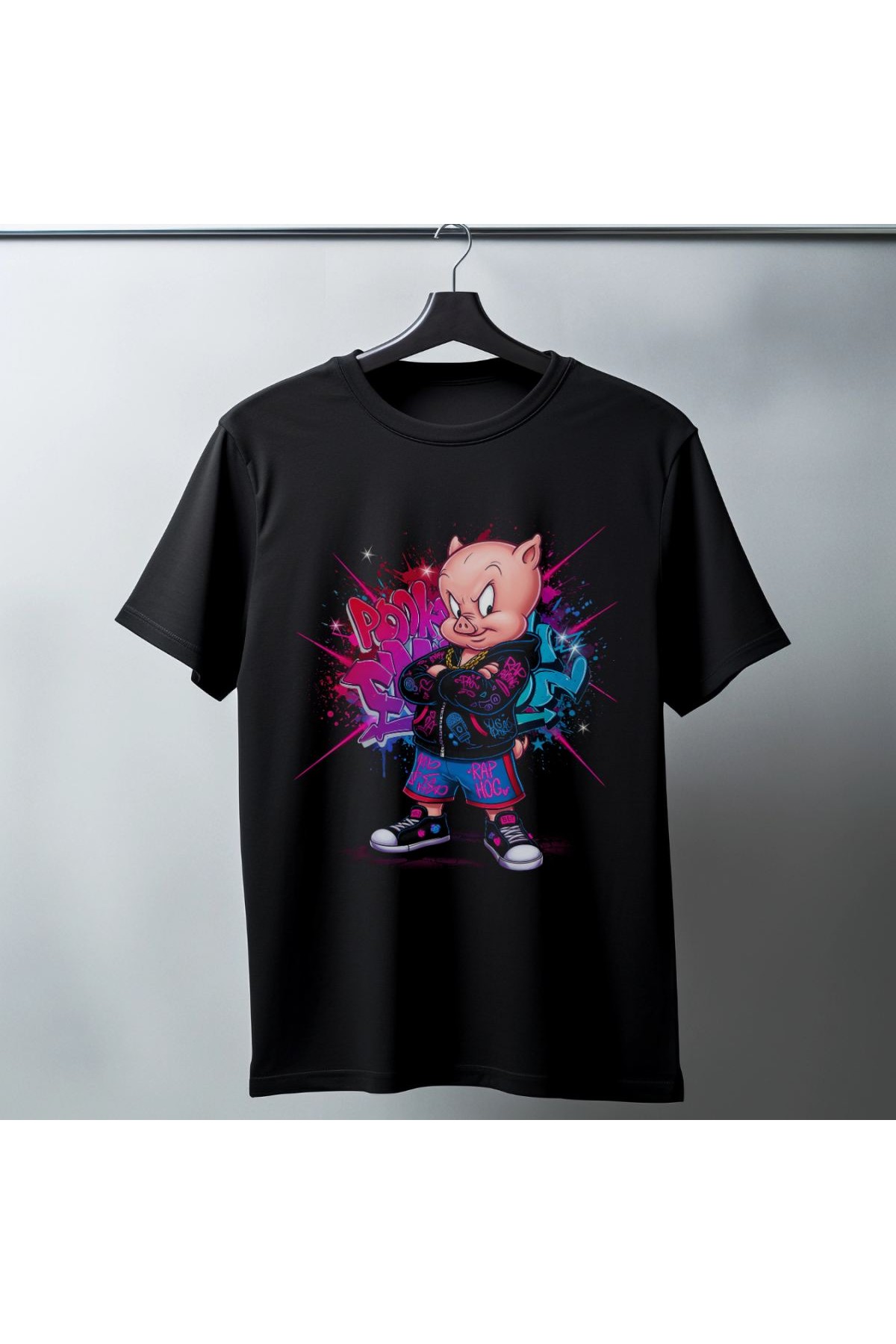 Porky Pig Graffiti Baskılı Unisex Siyah Oversize Tişört - 24/1 Penye
