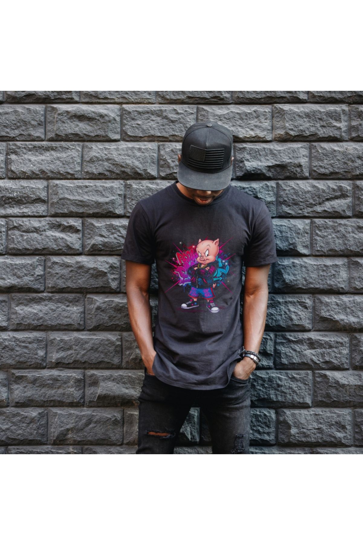 Porky Pig Graffiti Baskılı Unisex Siyah Oversize Tişört - 24/1 Penye