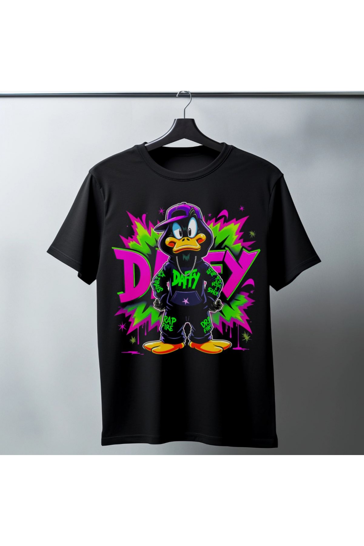 Daffy Duck Graffiti Baskılı Unisex Siyah Tişört - 24/1 Penye Pamuklu