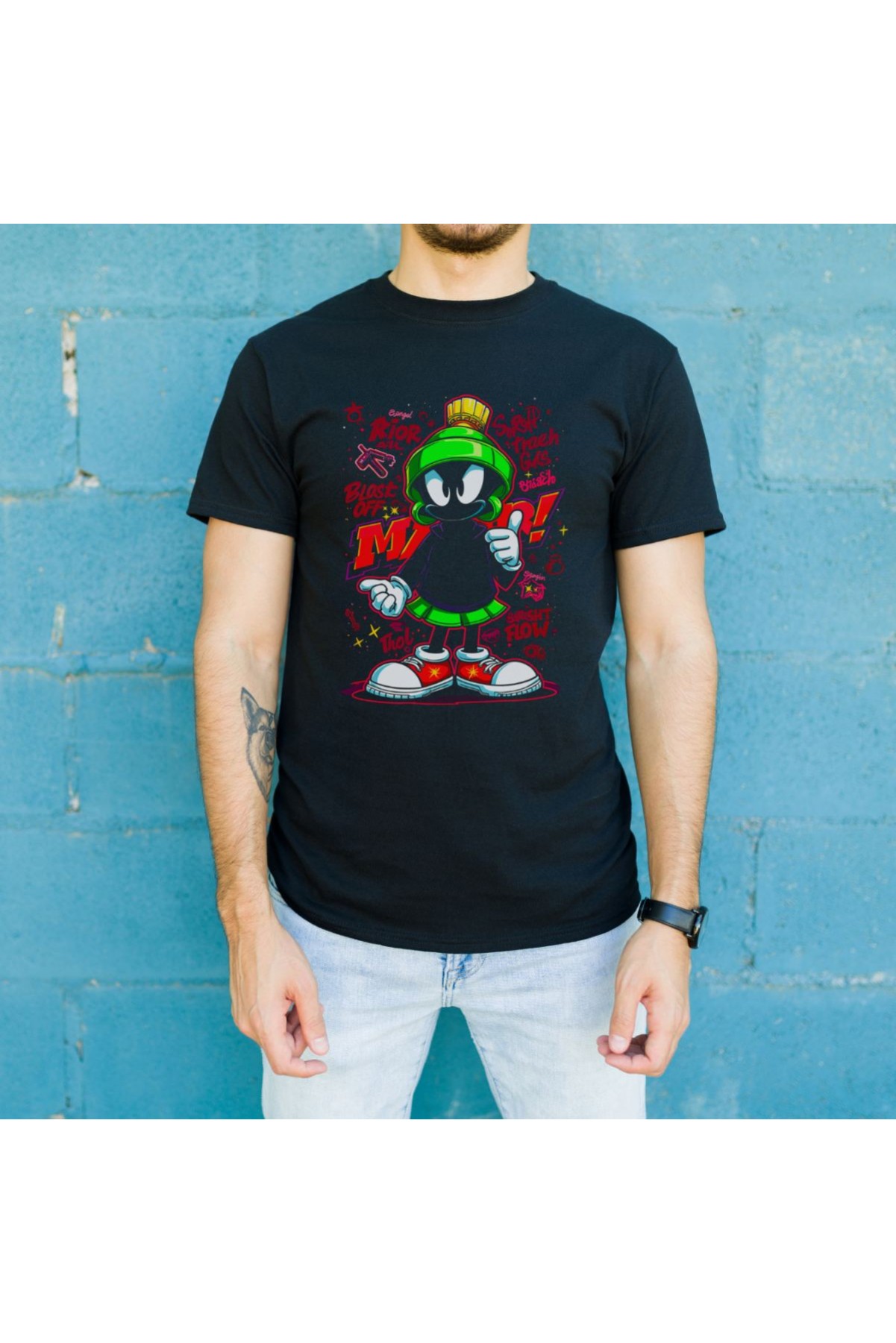 Marvin the Martian Graffiti Baskılı Unisex Siyah Tişört - 24/1 Penye Pamuklu