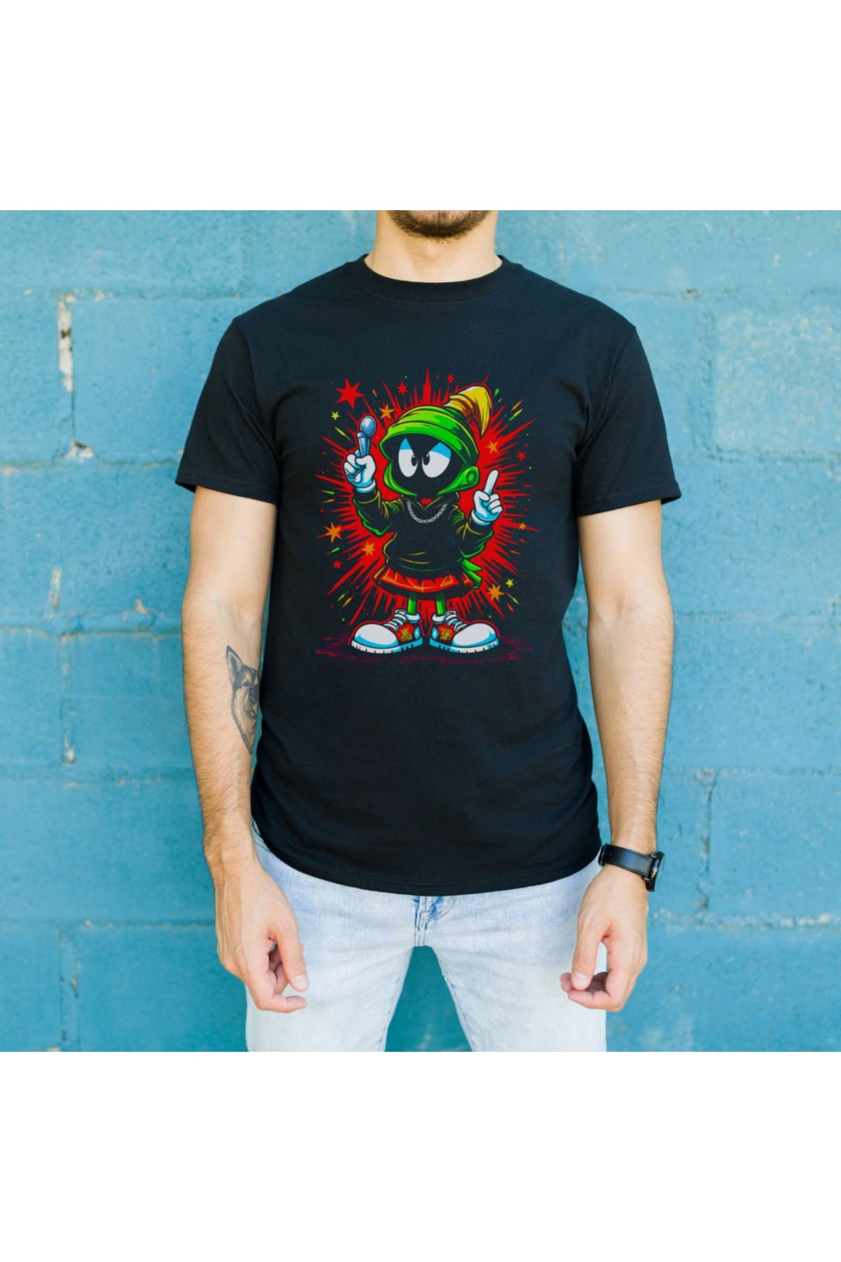 Marvin the Martian Graffiti Baskılı Unisex Siyah Tişört - 24/1 Penye Pamuklu