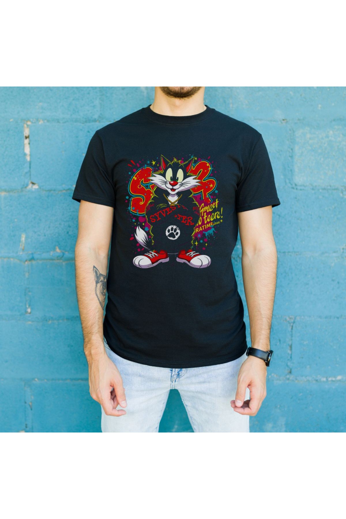 Sylvester Graffiti Baskılı Unisex Siyah Oversize Tişört - 24/1 Penye