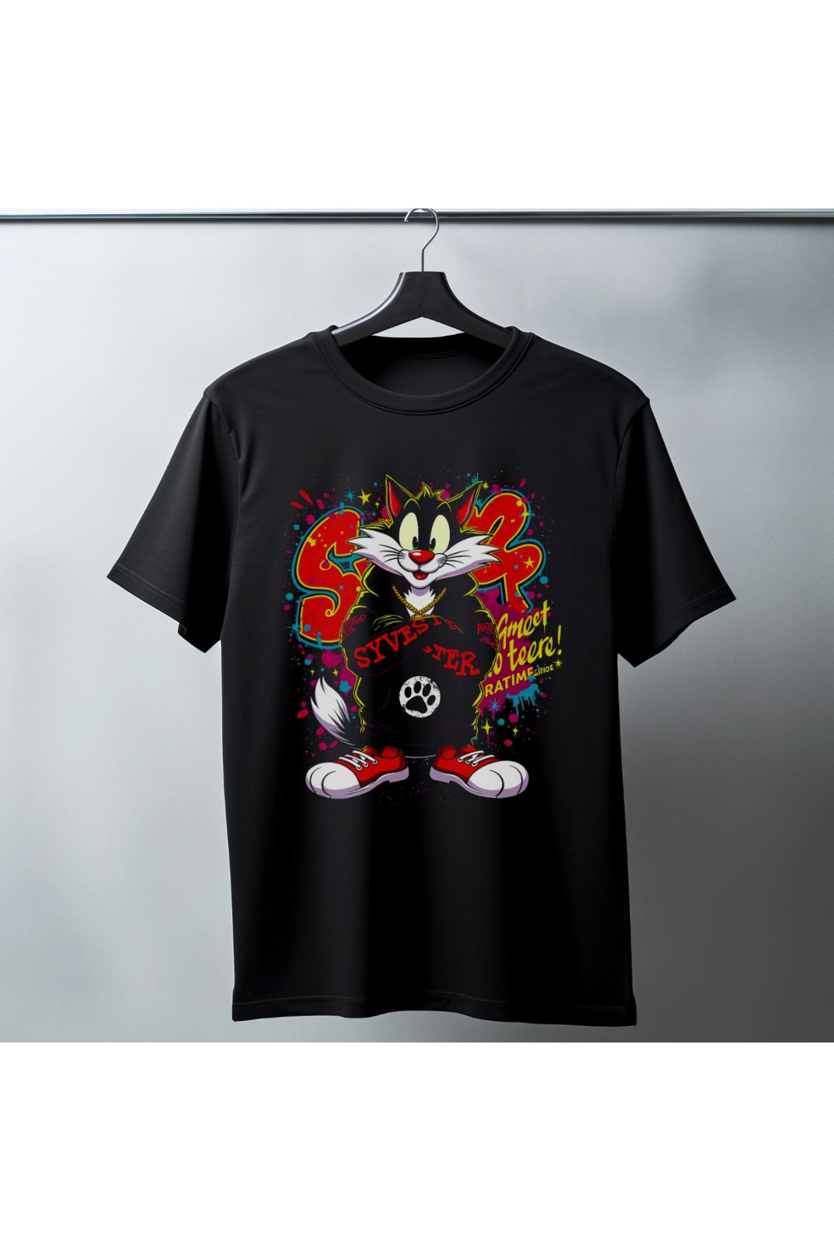Sylvester Graffiti Baskılı Unisex Siyah Oversize Tişört - 24/1 Penye
