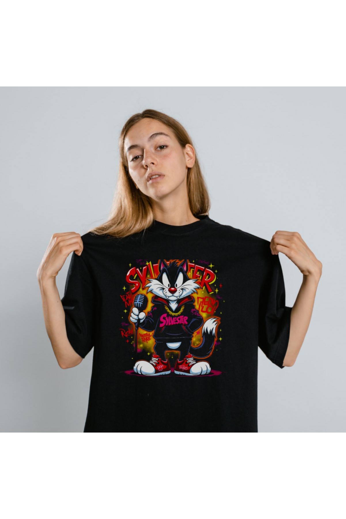 Sylvester Graffiti Baskılı Unisex Siyah Oversize Tişört - 24/1 Penye