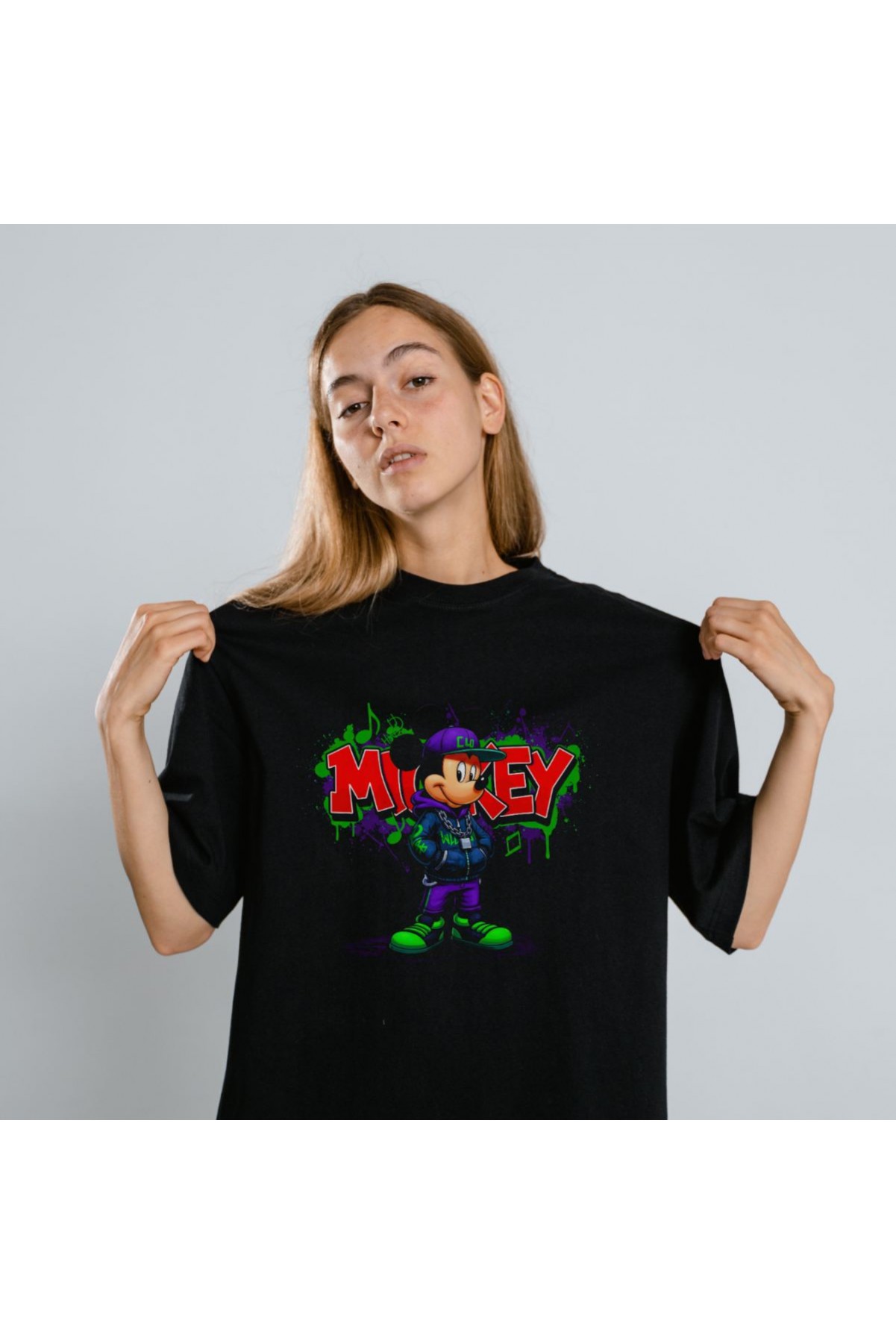 Mickey Mouse Graffiti Baskılı Unisex Siyah Oversize Tişört - 24/1 Penye