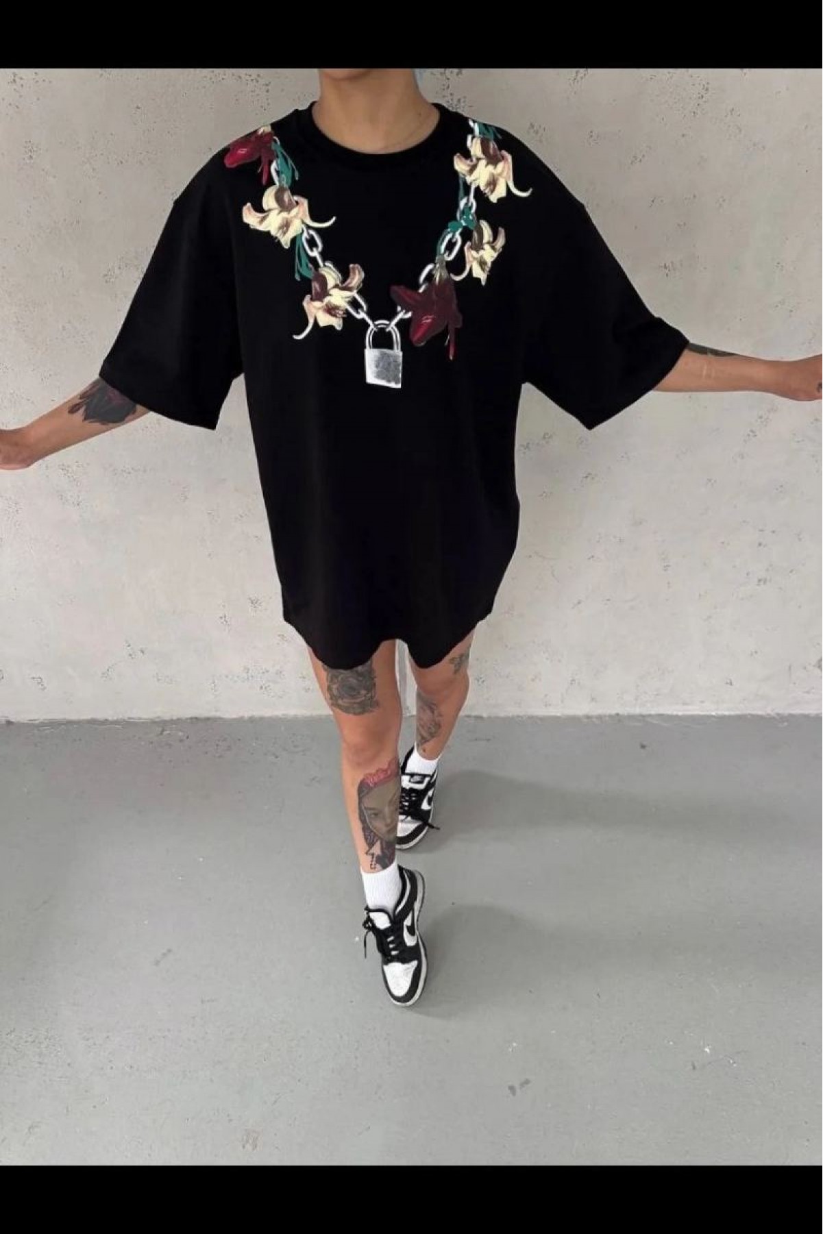 Kadın Kısa Kol Yazlık Tişört Bisiklet Yaka Baskılı Oversize T-Shirt - Siyah