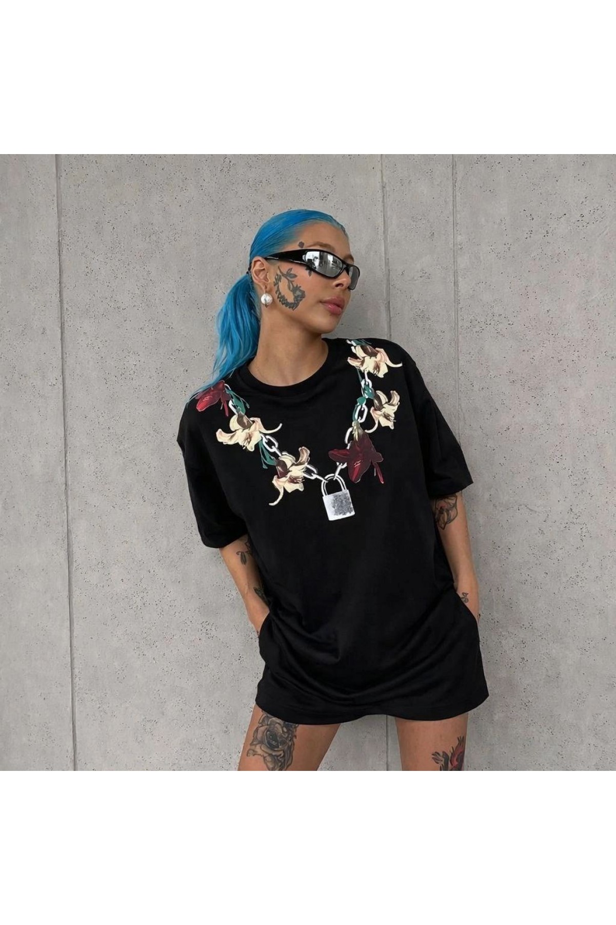 Kadın Kısa Kol Yazlık Tişört Bisiklet Yaka Baskılı Oversize T-Shirt - Siyah