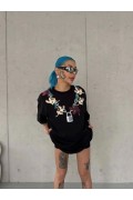 Kadın Kısa Kol Yazlık Tişört Bisiklet Yaka Baskılı Oversize T-Shirt - Siyah
