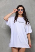 Kadın Kısa Kol Yazlık Tişört Bisiklet Yaka Baskılı Oversize T-Shirt - Beyaz
