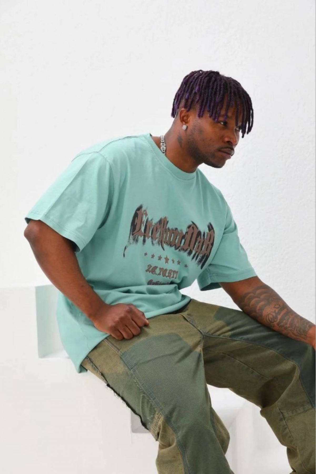 Erkek Baskılı T-Shirt Kısa Kol Bisiklet Yaka Regular Fit Tişört - Mint Yeşili