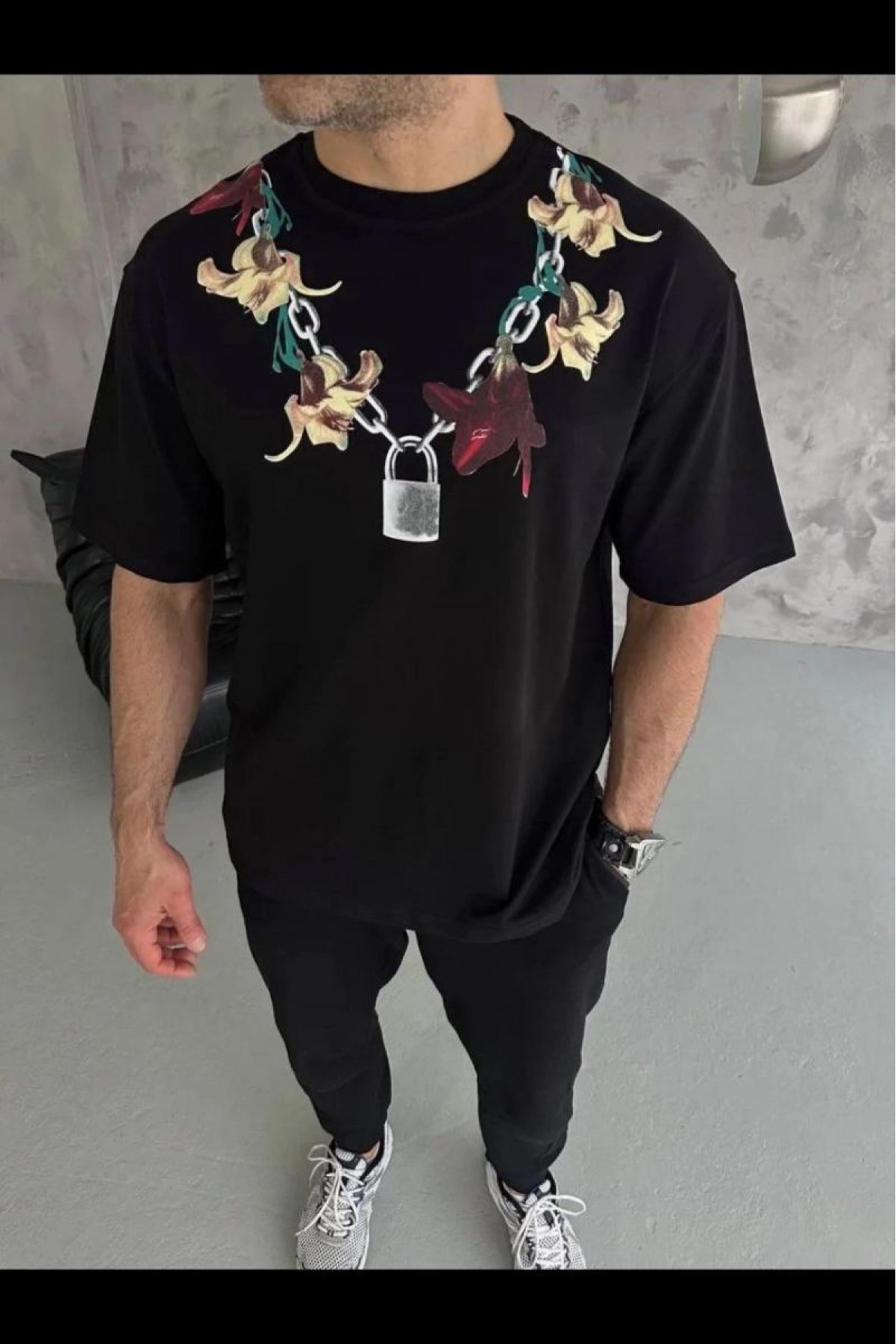 Erkek Baskılı T-Shirt Kısa Kol Bisiklet Yaka Regular Fit Rahat Tişört - Siyah